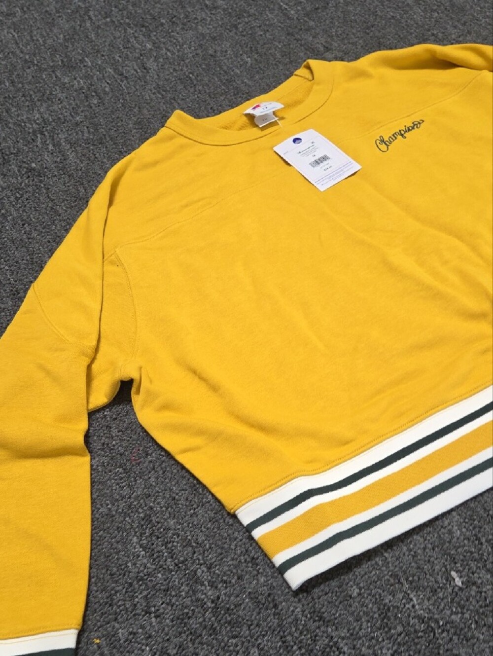 (#2C) Champion Mustard Yellow Crewneck Sweatshirt with Striped Hem - Picture 5 of 9